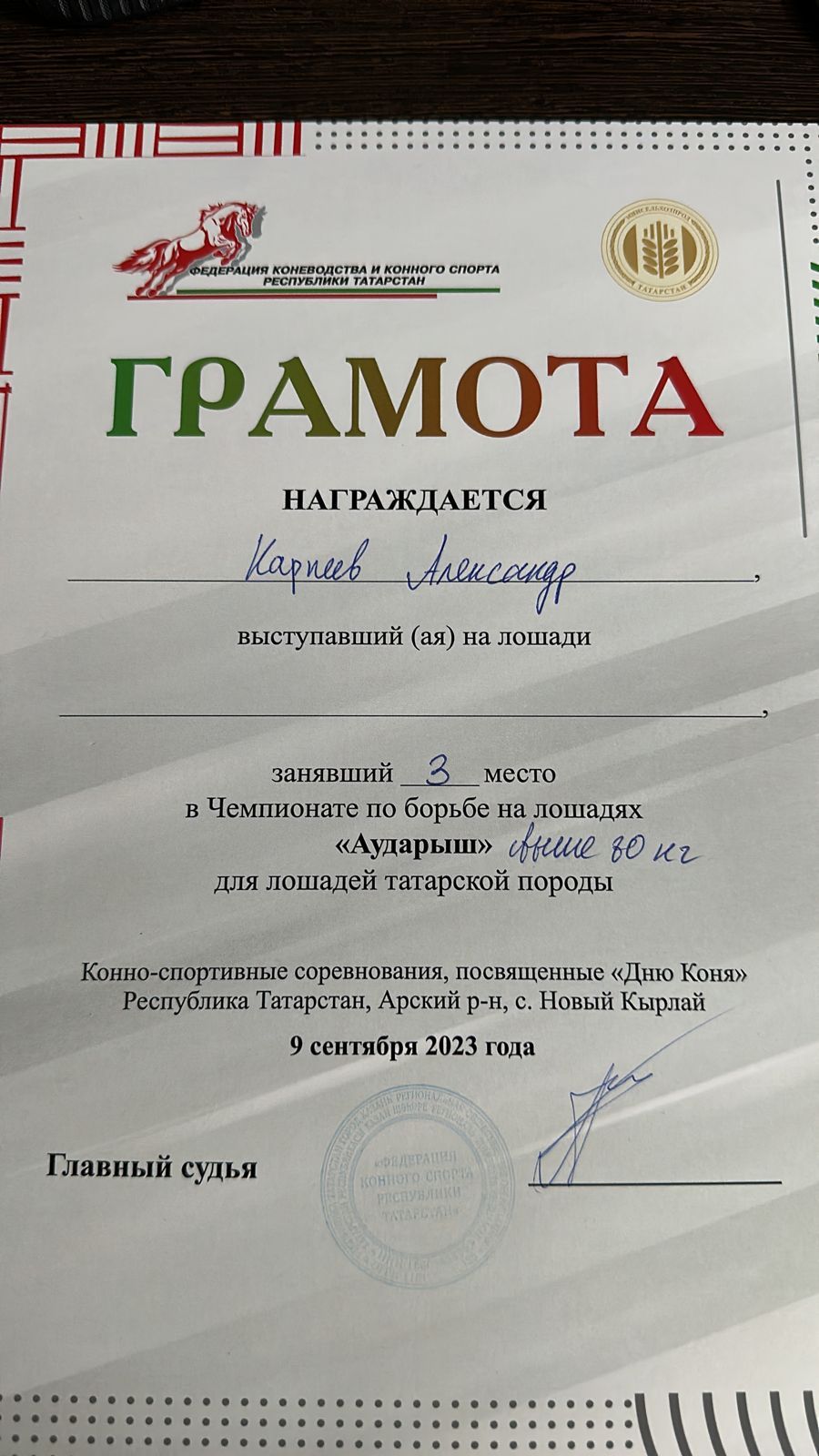 Александр Карпеев занял 3 место в чемпионате по борьбе на лошадях «Аударыш»