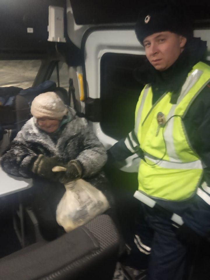 В Татарстане сотрудники ГИБДД помогли замерзавшей на трассе пожилой женщине
