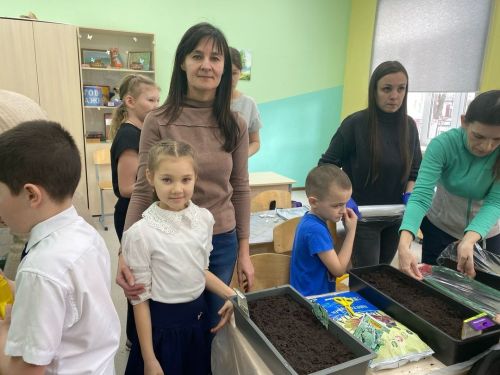 Школьный двор готовится к весне: родители и ученики сажают семена на рассаду